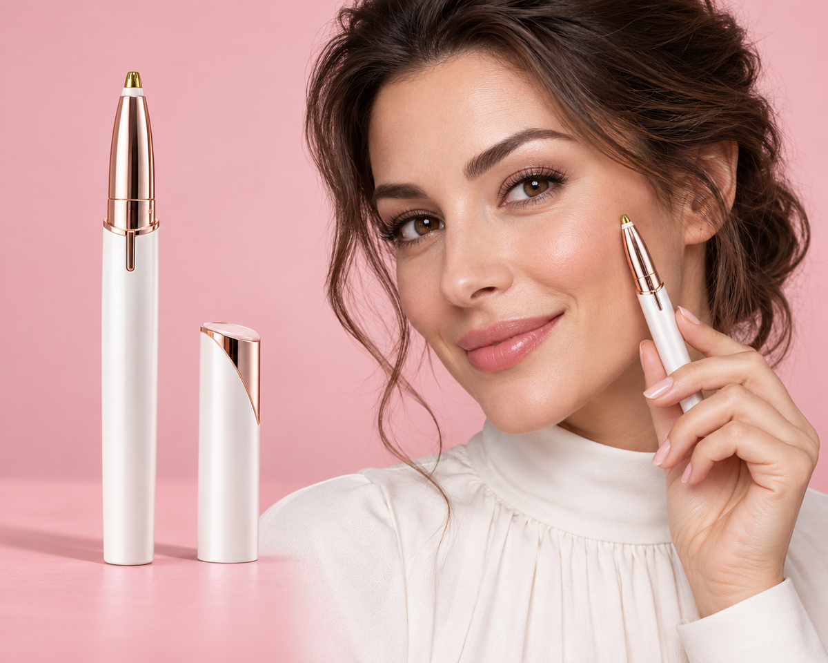 Depilador blanco y oro rosa con tapa y demostración junto al rostro